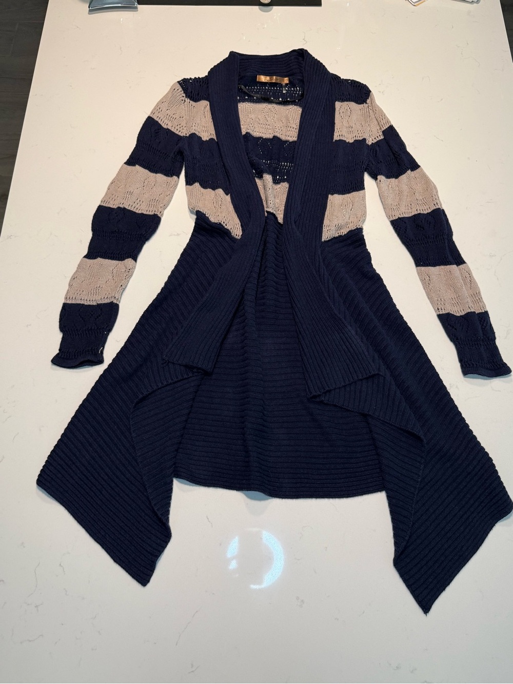 Belldini Navy and Cream Striped Open-Front Cardigan